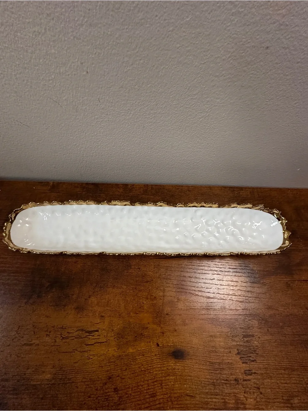Luna Park Olive Appetizer Serving Dish - Textured White Ceramic with Gold Trim